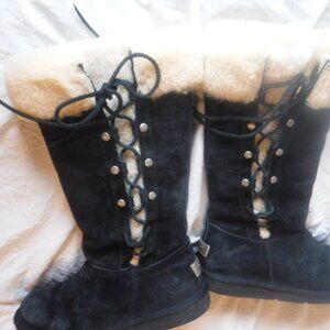 Women Black Leather Ugg Boots Interior Sheep skin Fur Lace Up womens Size 7
